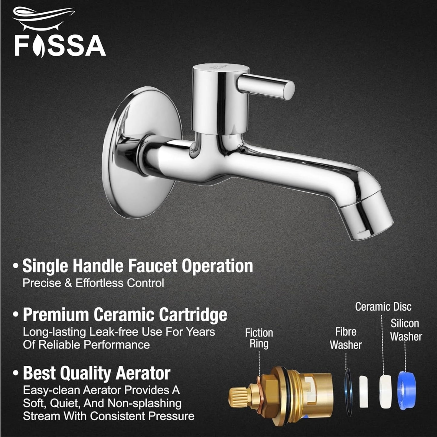 Fossa Orbit Brass Tap Faucet Bib Tap (Long Body) Wall Mounted for Bathroom, Kitchen Sink, Washing Areas, Gardens, Sink Faucet with Brass Tap with Wall Flange (Mirror-Chrome Finish)