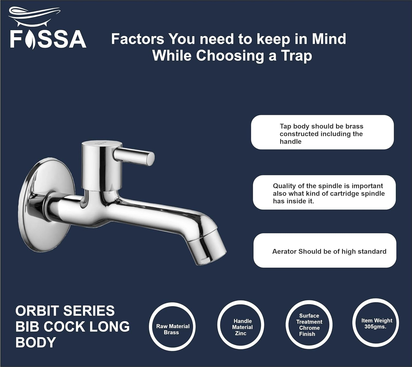 Fossa Orbit Brass Tap Faucet Bib Tap (Long Body) Wall Mounted for Bathroom, Kitchen Sink, Washing Areas, Gardens, Sink Faucet with Brass Tap with Wall Flange (Mirror-Chrome Finish)