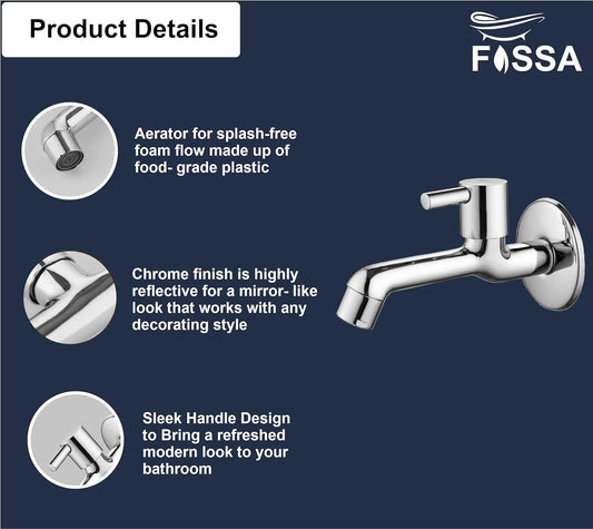 Fossa Orbit Brass Tap Faucet Bib Tap (Long Body) Wall Mounted for Bathroom, Kitchen Sink, Washing Areas, Gardens, Sink Faucet with Brass Tap with Wall Flange (Mirror-Chrome Finish)